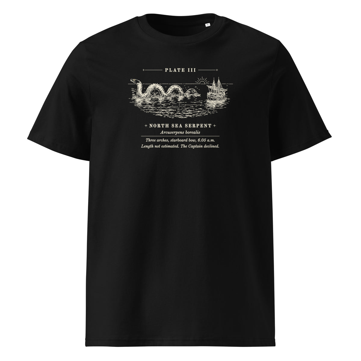 Three Arches, Starboard Bow t-shirt in Black: engraved sea serpent in three arches beside a two-masted ship at dawn