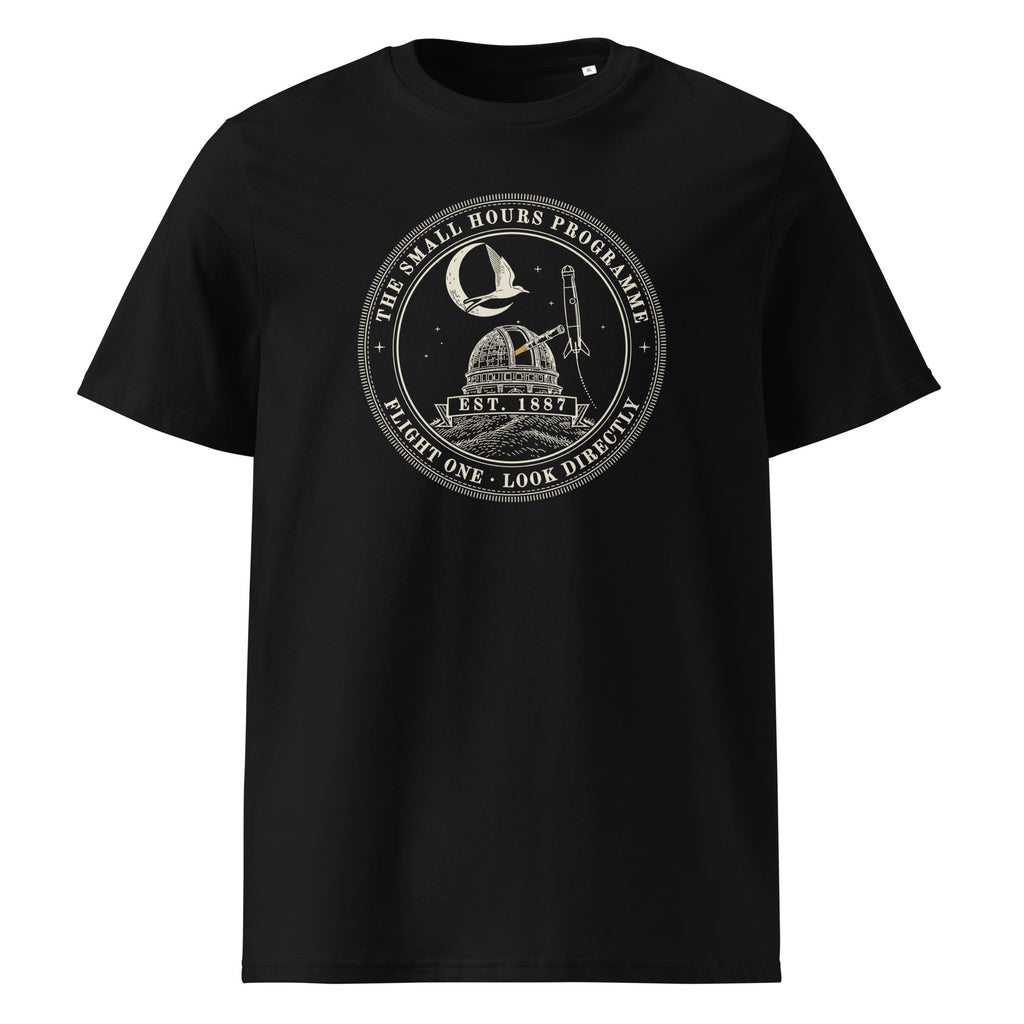 Small Hours Programme, Flight One t-shirt in Black: round patch, observatory dome, rising rocket, tern and moon