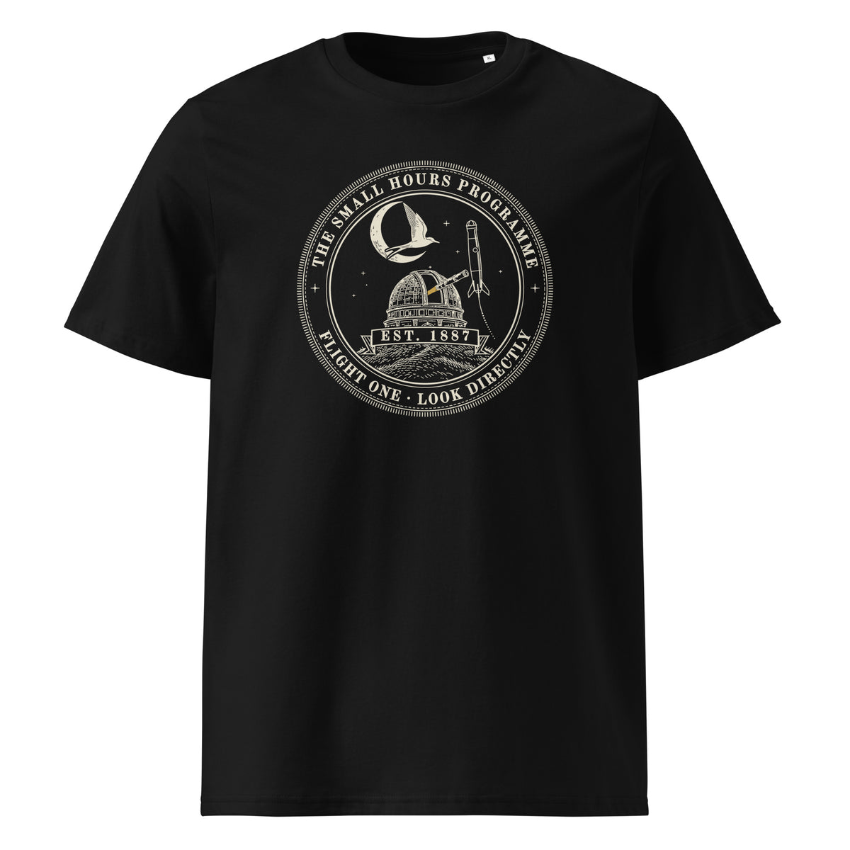 Small Hours Programme, Flight One t-shirt in Black: round patch, observatory dome, rising rocket, tern and moon