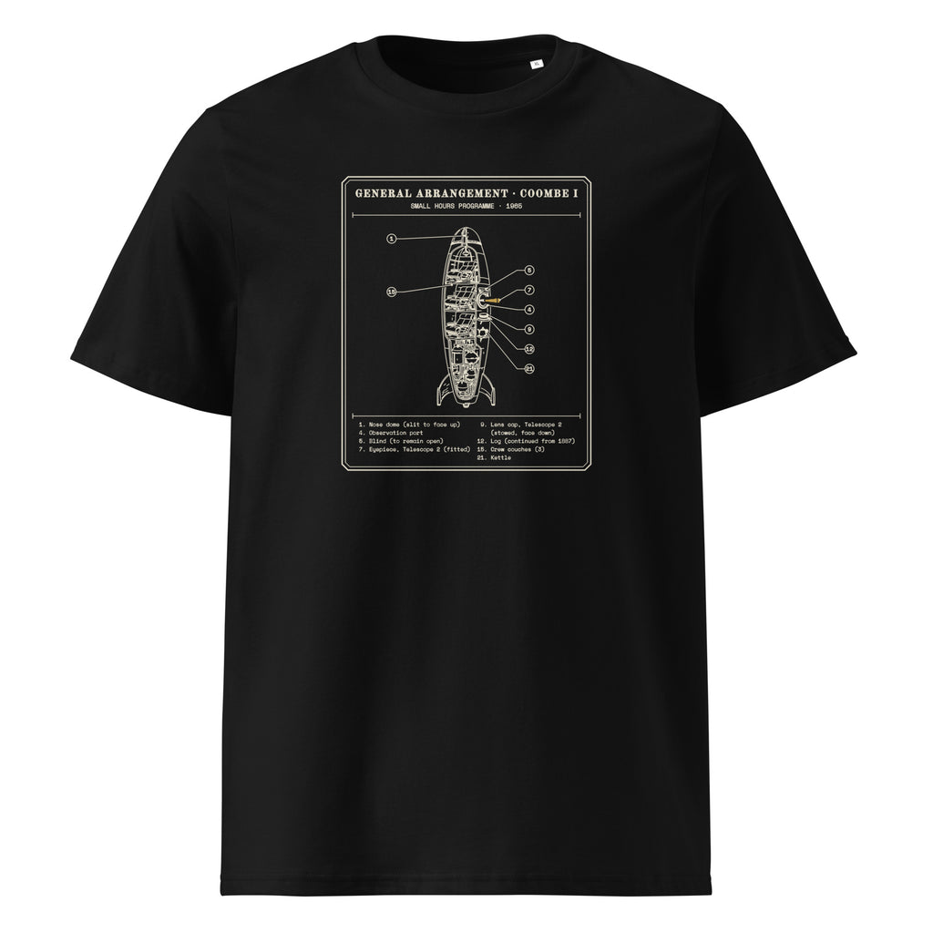 General Arrangement, Coombe I t-shirt in Black: cutaway of a slim finned rocket with a dome nose and numbered callouts