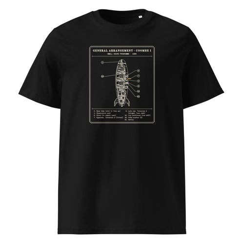 General Arrangement, Coombe I t-shirt in Black: cutaway of a slim finned rocket with a dome nose and numbered callouts