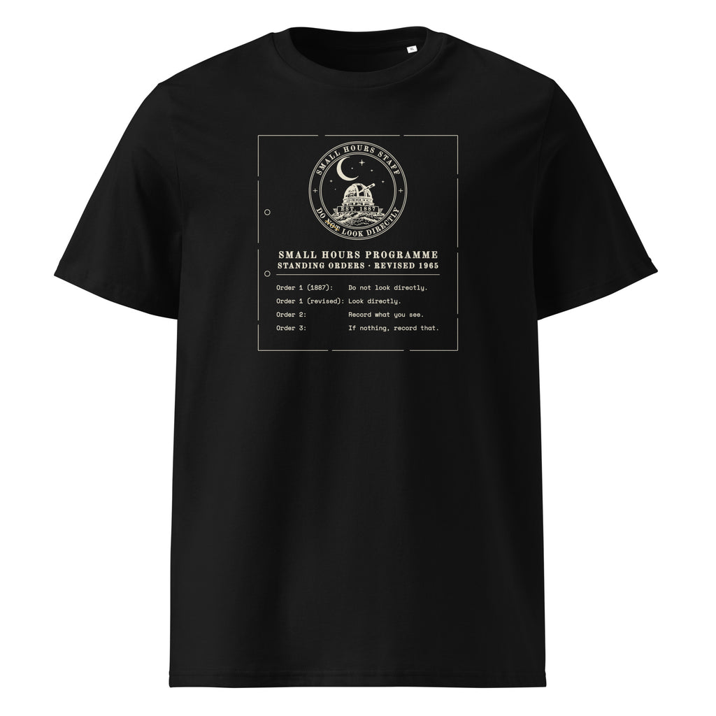 Standing Orders, Revised t-shirt in Black: typed memo of four orders under a crest, its NOT struck through in gold