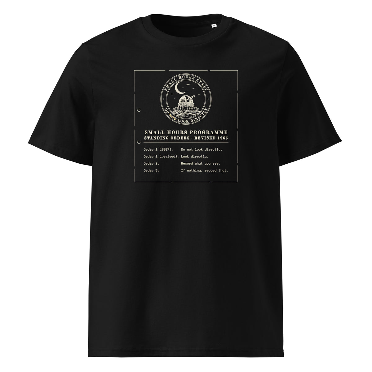 Standing Orders, Revised t-shirt in Black: typed memo of four orders under a crest, its NOT struck through in gold