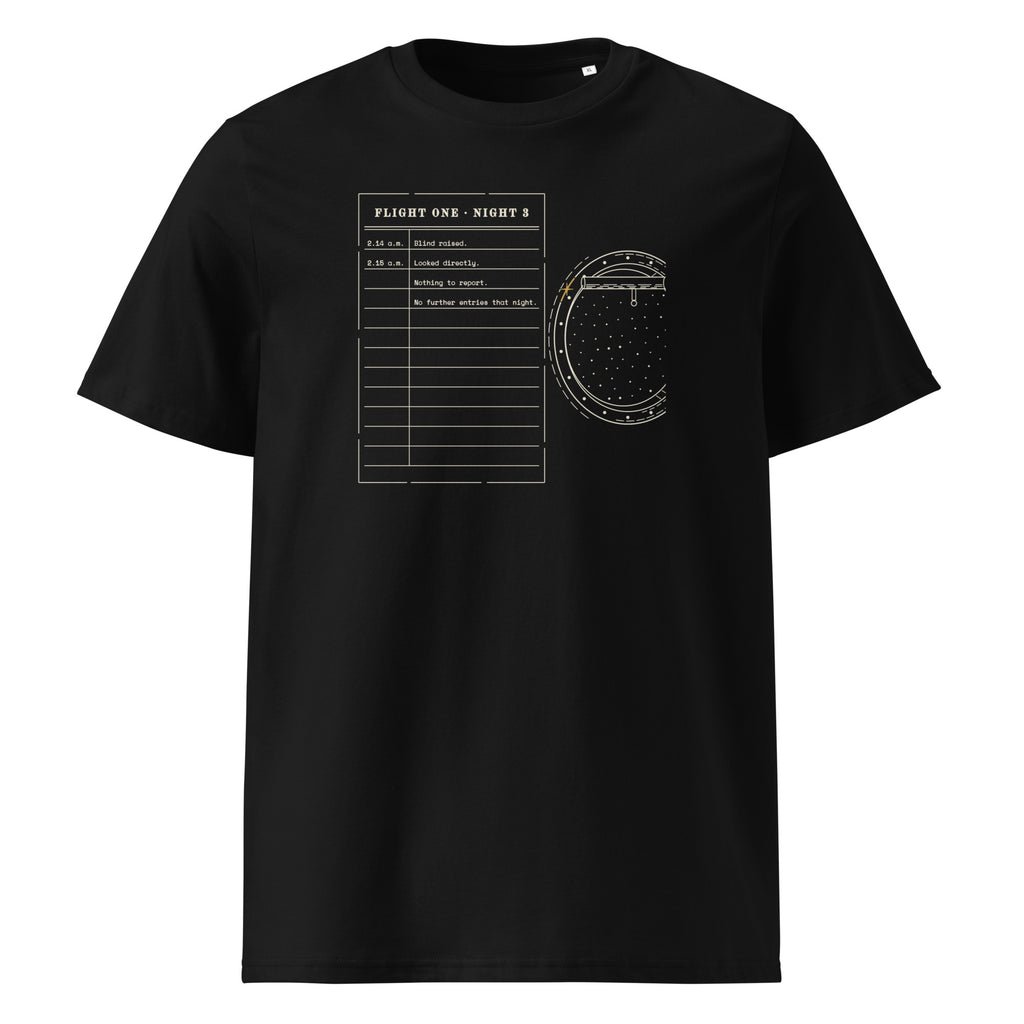 Looked Directly t-shirt in Black: typed flight log beside a porthole of stars, cut off at the edge of the print