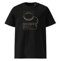 Lens Cap, Flown t-shirt in Black: brass telescope lens cap seen from outside, gold rim, tethered to a flight tag