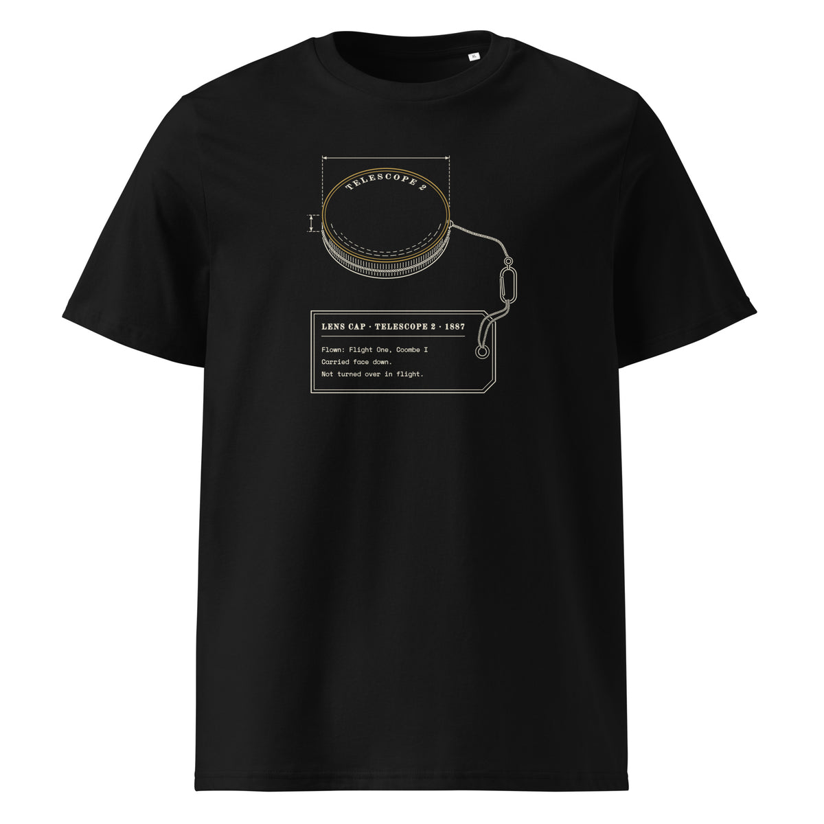 Lens Cap, Flown t-shirt in Black: brass telescope lens cap seen from outside, gold rim, tethered to a flight tag
