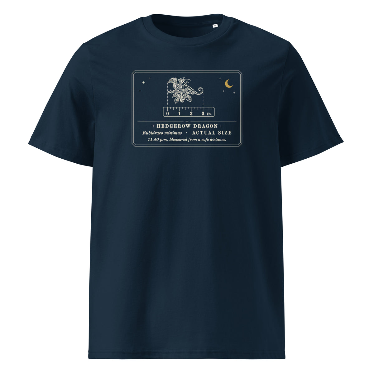 Hedgerow Dragon (Actual Size) t-shirt in French Navy: engraved tiny dragon on a bramble twig above a 0–3 inch ruler