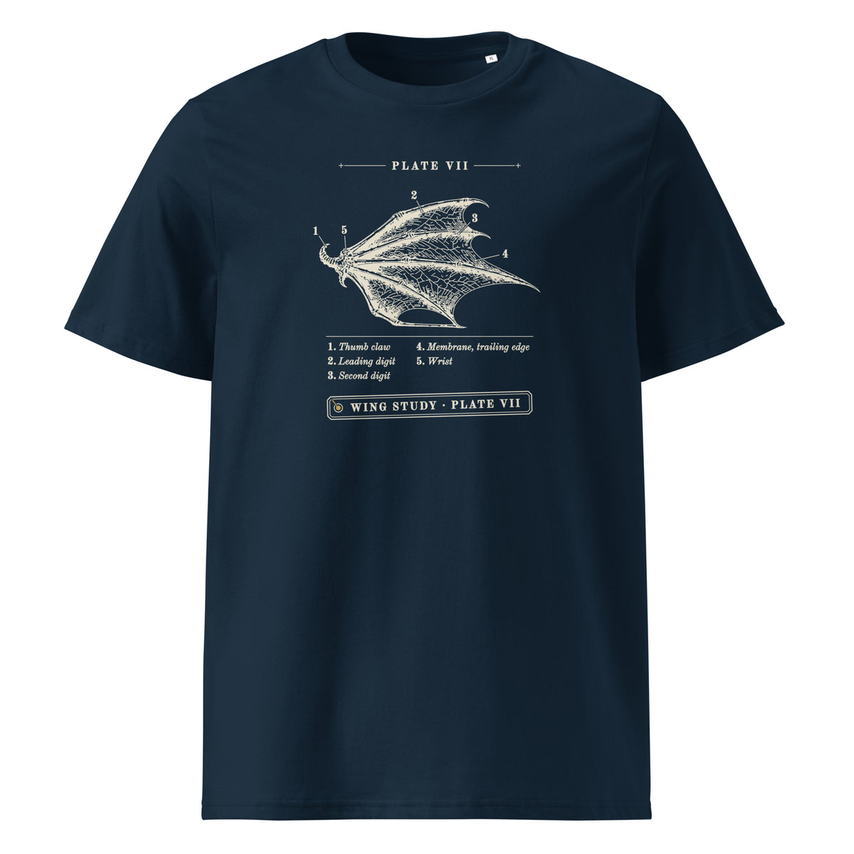 Wing Study, Plate VII t-shirt in French Navy: engraved dragon wing with five numbered callouts, a key and a pinned tag