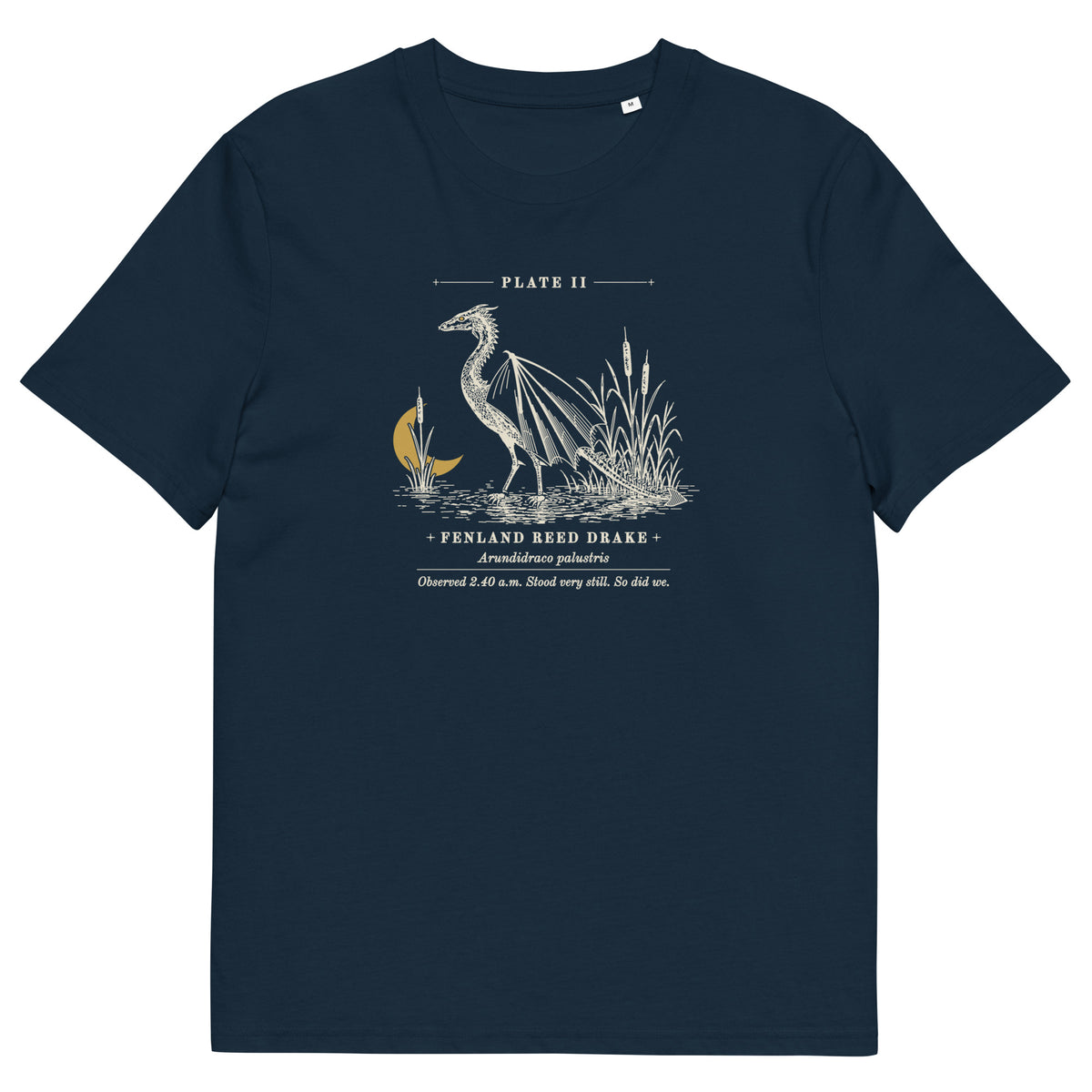 Fenland Reed Drake t-shirt in French Navy: engraved winged reed drake wading in reeds under a low gold moon