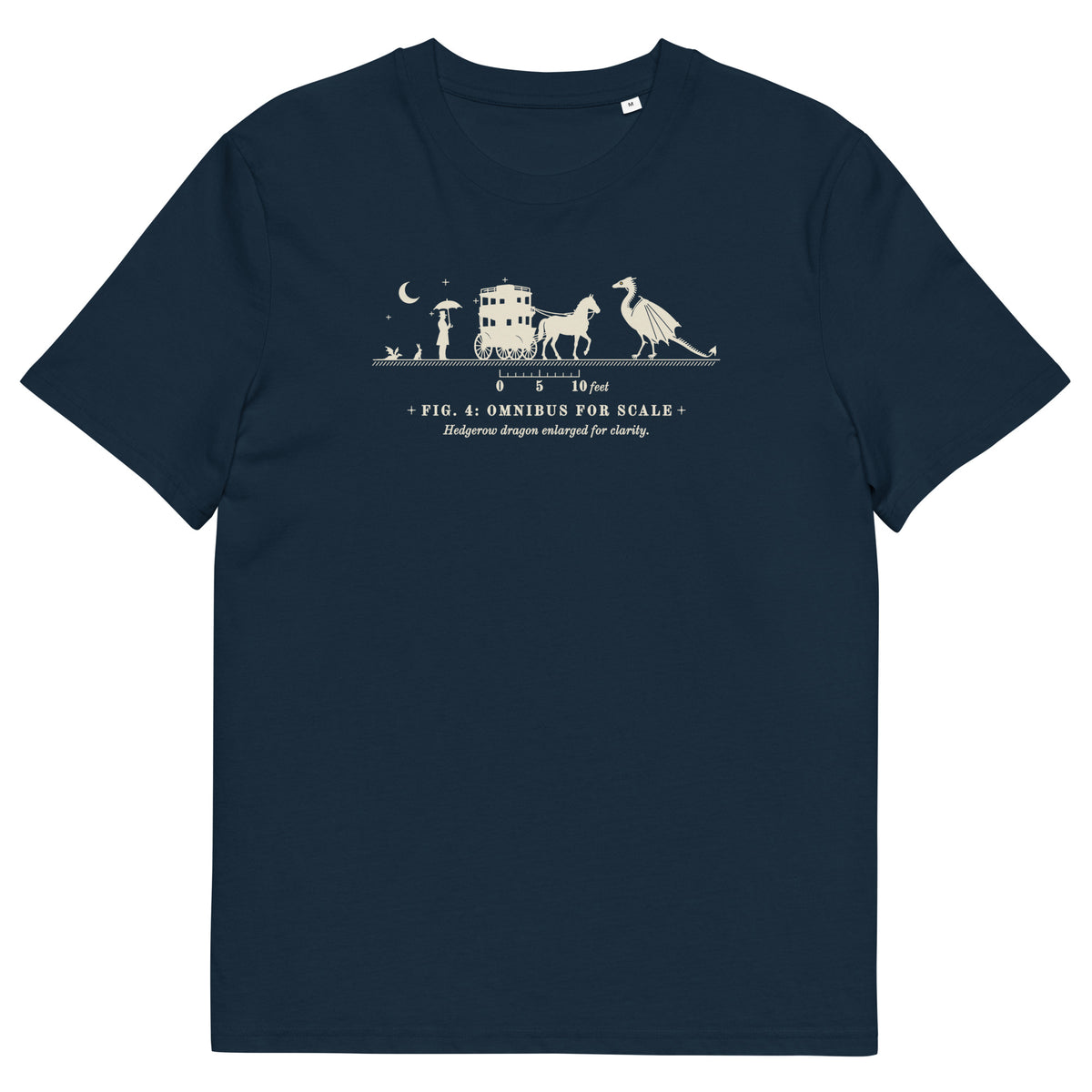 Omnibus for Scale t-shirt in French Navy: silhouettes of a hare, surveyor, omnibus and winged drake above a 0–10 ft scale