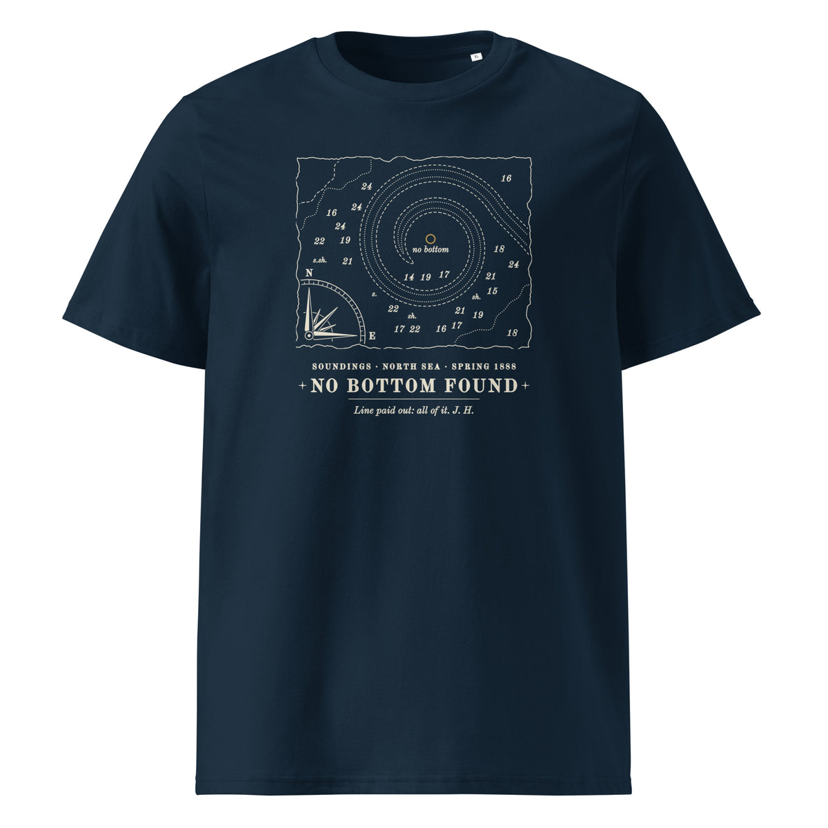 No Bottom Found t-shirt in French Navy: chart fragment, soundings and looping contours around a gold no-bottom mark