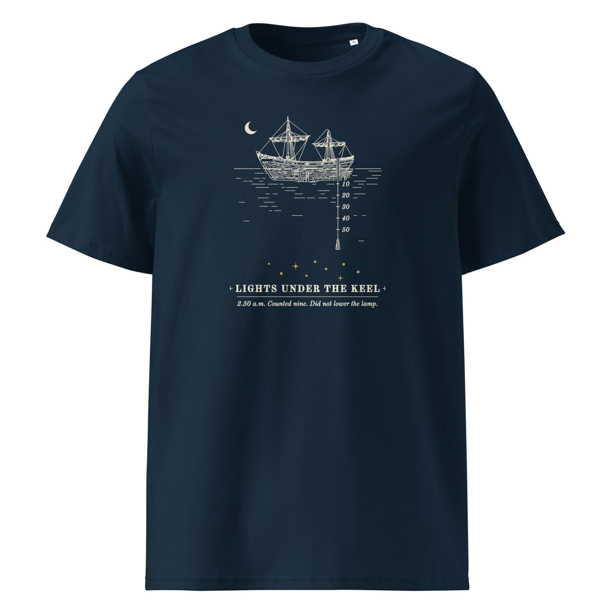 Lights Under the Keel t-shirt in French Navy: ship under a crescent moon, lead line to 50 fathoms, nine gold lights below