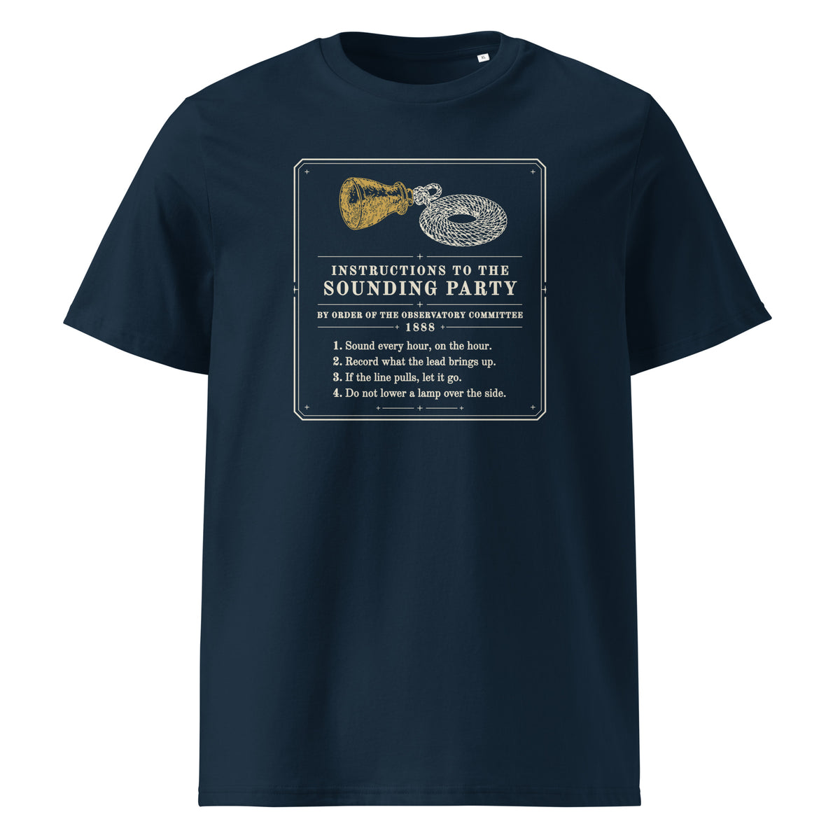 Instructions to the Sounding Party t-shirt in French Navy: Victorian notice, four numbered rules under a gold sounding lead