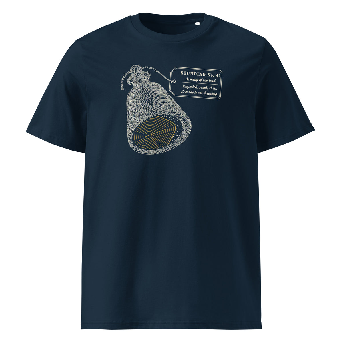 What Came Up in the Tallow t-shirt in French Navy: engraved sounding lead, base-on, a gold scale print and a specimen tag