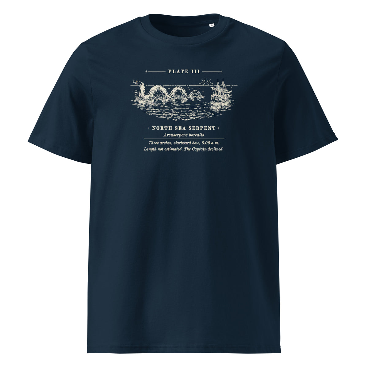 Three Arches, Starboard Bow t-shirt in French Navy: engraved sea serpent in three arches beside a two-masted ship at dawn