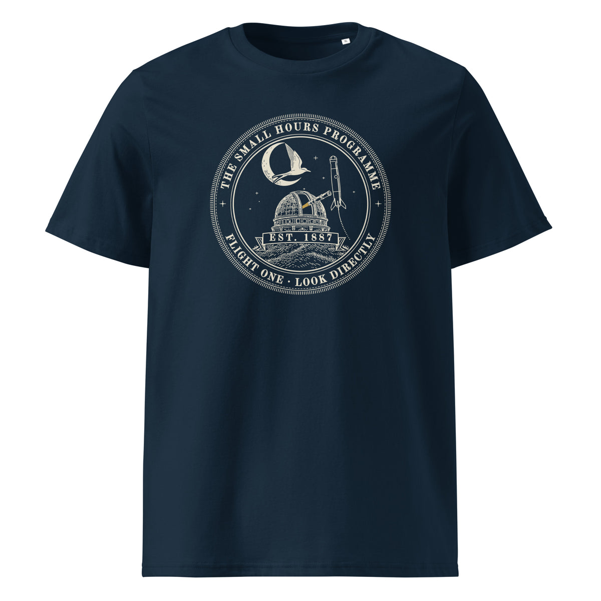 Small Hours Programme, Flight One t-shirt in French Navy: round patch, observatory dome, rising rocket, tern and moon