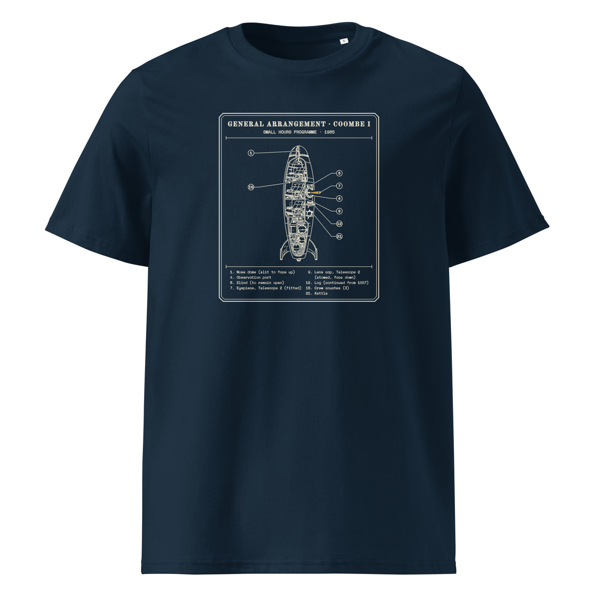 General Arrangement, Coombe I t-shirt in French Navy: cutaway of a slim finned rocket with a dome nose and numbered callouts