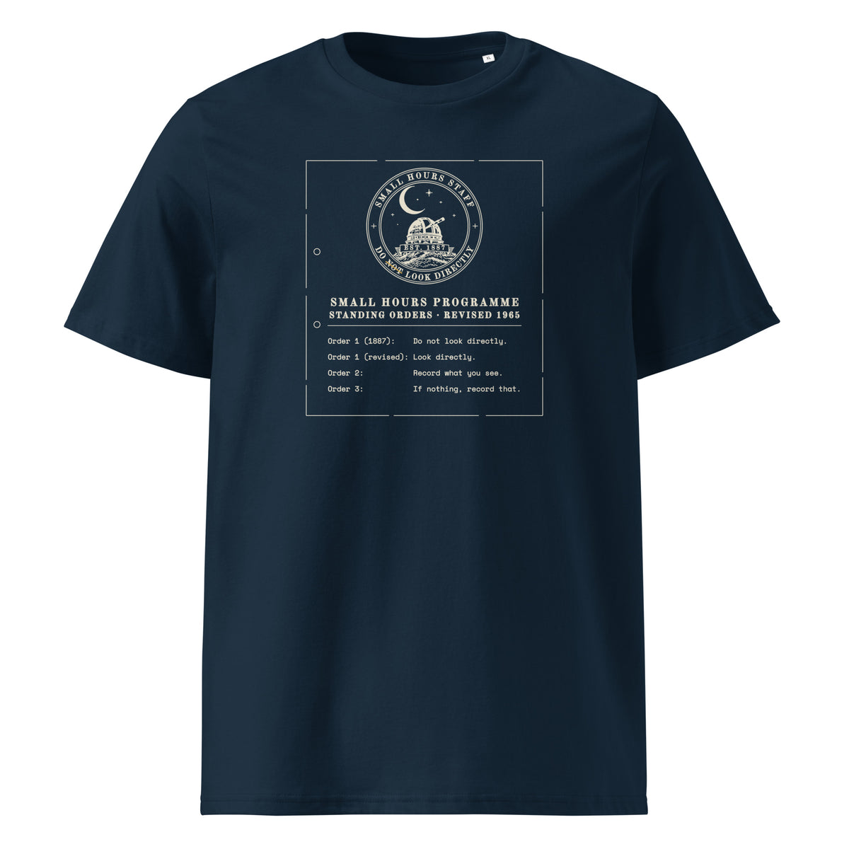 Standing Orders, Revised t-shirt in French Navy: typed memo of four orders under a crest, its NOT struck through in gold