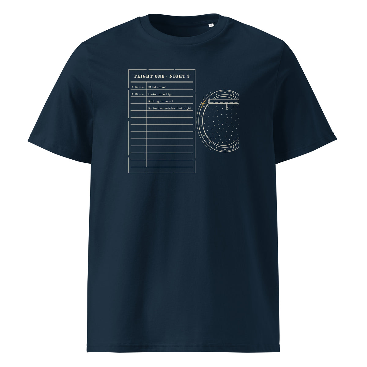 Looked Directly t-shirt in French Navy: typed flight log beside a porthole of stars, cut off at the edge of the print